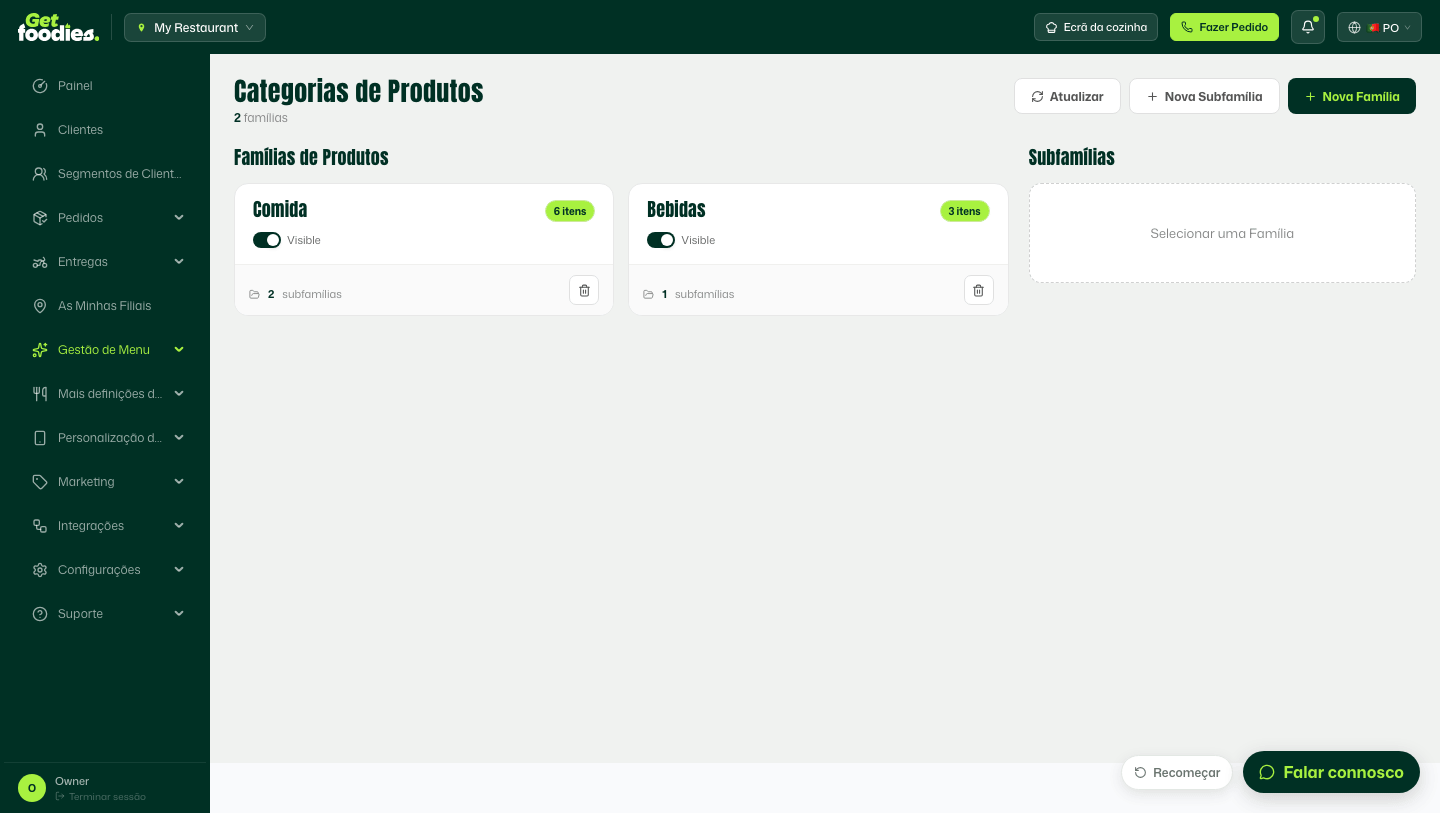 Ativar e desativar famílias de produtos no dashboard
